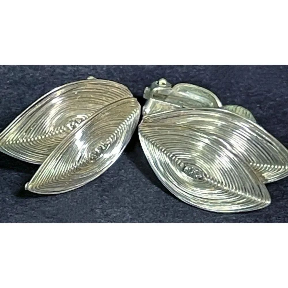Vintage Signed Germany Silver Spun Wire Leaf Clip-On Non Pierced Earrings